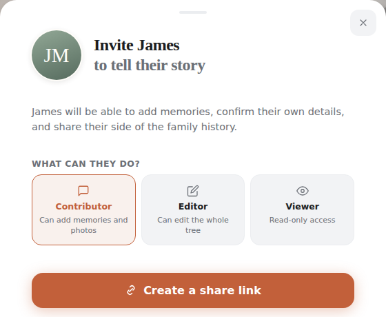 An invitation screen offering Contributor, Editor, or Viewer access to a family member
