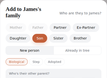 Adding a son, with Biological, Step, and Adopted relationship options shown