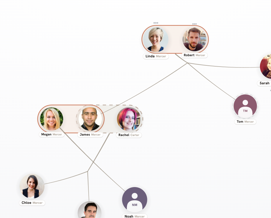A Bloodline family tree, with photos, names, and a highlighted couple connected across two generations